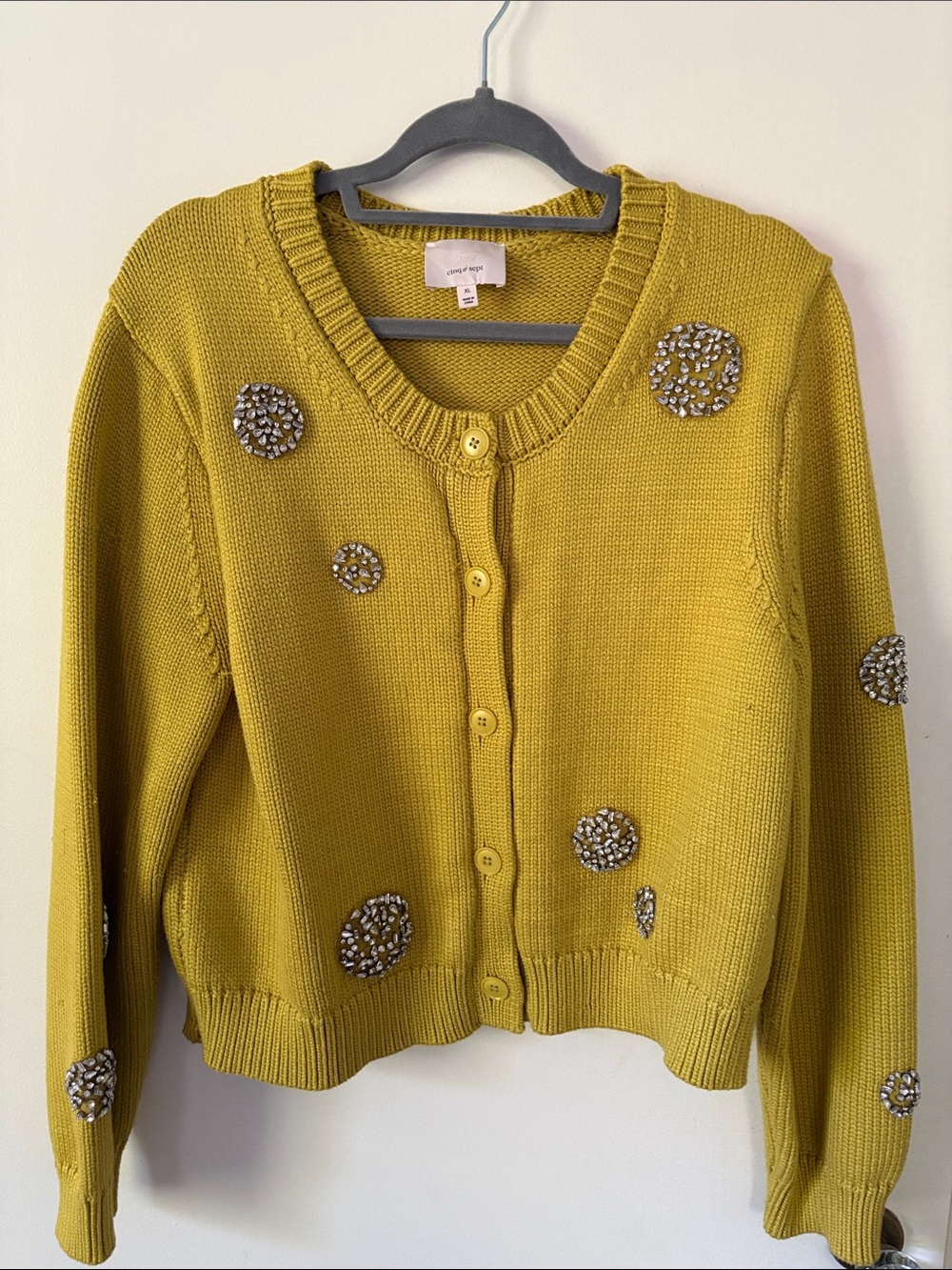 cinq a sept Mustard Embellished Crewneck Cardigan Sweater XL